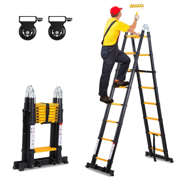 Tolletour Premium Alu Teleskopleiter Ausziehleiter Klappleiter Höhe 5m Schwarz Antirutsch Mehrzweckleiter