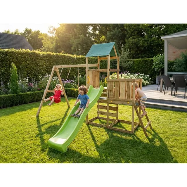 Maxplay Holzklettergerüst Mit Zwei Spieltürmen, Doppelschaukel Und Rutsche, Mit Holzdach
