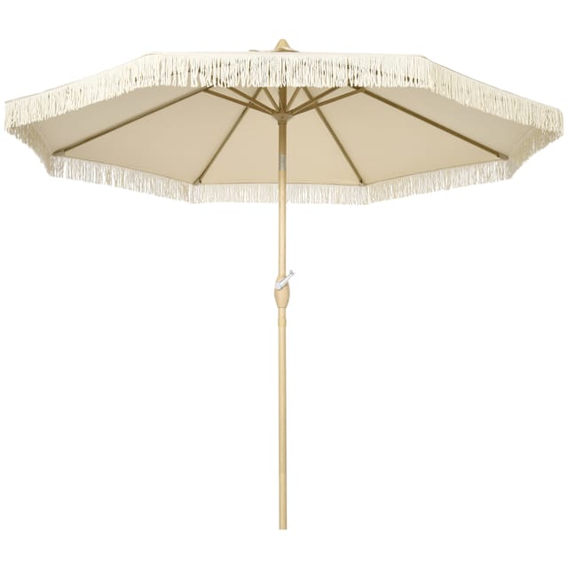Parasol De Jardin Inclinable Diamètre 265 Cm Avec Manivelle Et Franges Style Bohème Chic Bâche De Protection Crème