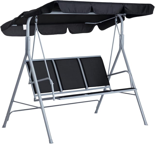 Balancelle De Jardin 3 Places Grand Confort Toit Imperméabilisé Inclinaison Réglable Assise Et Dossier Ergonomique Acier Textilène Noir