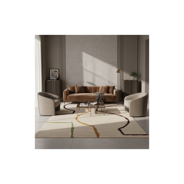 Designerteppich 100% Wolle Handarbeit 200x290cm, 2200g/qm Flordichte Beige Mix Langlebig Großer Wohnraum ELAN-Omont Kollektion Kadima Design
