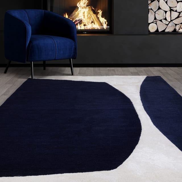 Woll-Viskose Teppich Hoch-Tief-Struktur 200x300 cm, Florhöhe 1,6 cm Dunkelblau Langlebig Flordichte 3600 g/qm HULL-Tickton Kadima Design