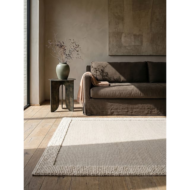 Wollmischteppich Hoch-Tief MOAT Bommel-Bordüre Wollanteil 80x150 cm Beige-Natur natürlich skandinavisch modern handgewebt Kadima Design