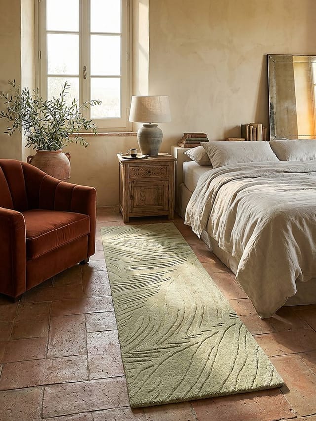 Teppich-Läufer Mittelflor LEVEN Blattrelief Wolle 60x230 cm Grün-Beige Flurläufer Küchenläufer zeitlos modern floral Kadima Design