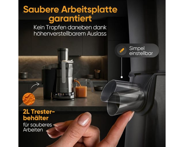 PROFICOOK PC-AE 1326 dark inox Entsafter (Edelstahl-Einfüllschacht 8,5 cm, Saftbehälter ca. 1 Liter, Tresterbehälter ca. 2 Liter, extra feines Mikrosieb aus Edelstahl, Multicolor-Grafikdisplay mit Sensor Touch-Bedienung, 1000 Watt, Dark Inox)