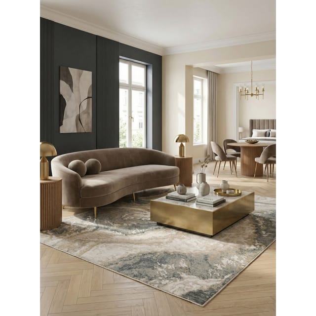 Velours Teppich Kurzflor Marmor-Look 120x180 cm, 0,8 cm Florhöhe Beige-Grau Pflegeleicht Wohnbereich SIENA-Elsa Kollektion Kadima Design