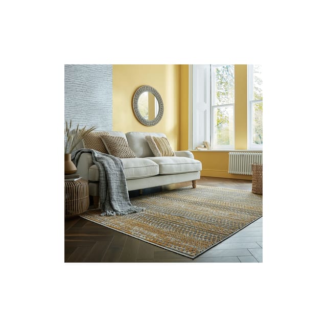 Wohnzimmerteppich Kurzflor PERRAN Boho Streifen Polypropylen 200x300 cm Senfgelb modern gemustert Objektteppich Teppich Kadima Design