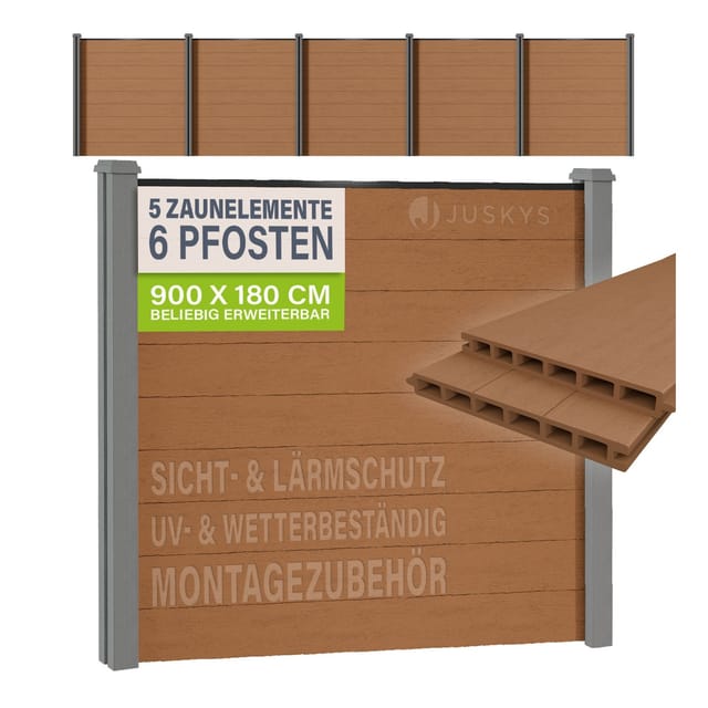 JUSKYS® WPC Sichtschutzzaun 5er Set - 5x Element + 6x Pfosten & Zubehör, Gartenset WPC- & Stahlkonstruktion, Teak / Grau