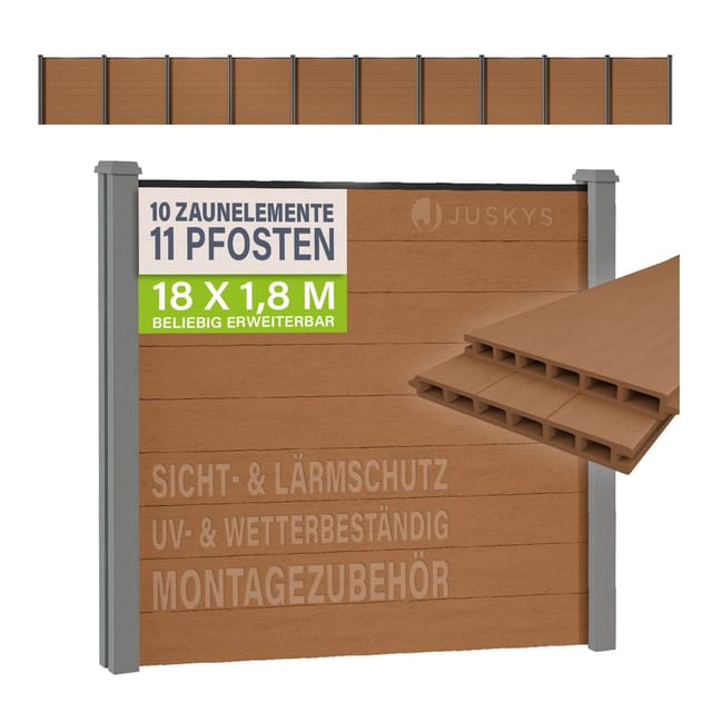JUSKYS® WPC Sichtschutzzaun 10er Set - 10x Element + 11x Pfosten & Zubehör, Gartenset WPC- & Stahlkonstruktion, Teak / Grau