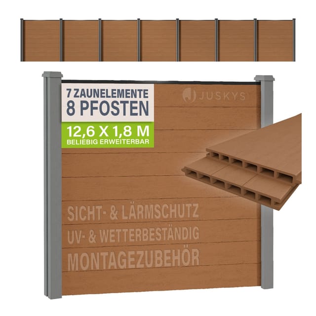 JUSKYS® WPC Sichtschutzzaun 7er Set - 7x Element + 8x Pfosten & Zubehör, Gartenset WPC- & Stahlkonstruktion, Anthrazit / Grau