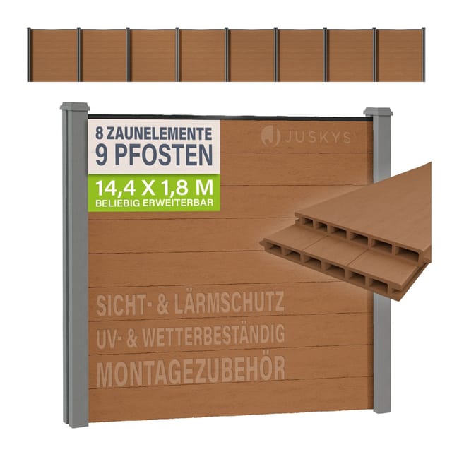 JUSKYS® WPC Sichtschutzzaun 8er Set - 8x Element + 9x Pfosten & Zubehör, Gartenset WPC- & Stahlkonstruktion, Anthrazit / Grau