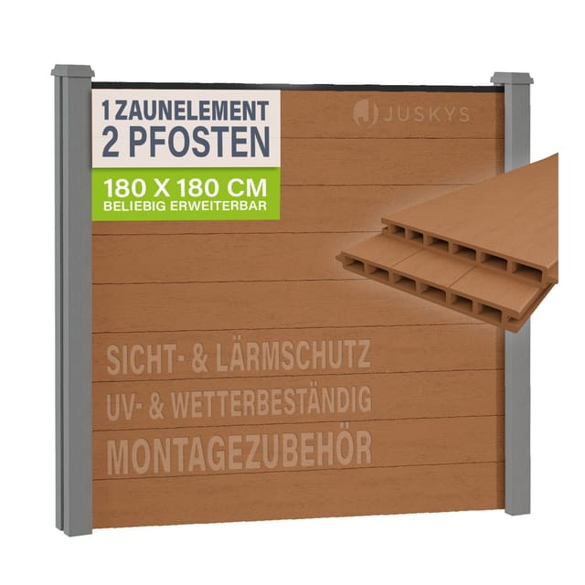 JUSKYS® WPC Sichtschutzzaun 1er Set - 1x Element + 2x Pfosten & Zubehör, Gartenset WPC- & Stahlkonstruktion, Teak / Grau