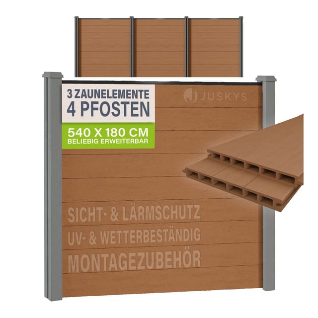 JUSKYS® WPC Sichtschutzzaun 3er Set - 3x Element + 4x Pfosten & Zubehör, Gartenset WPC- & Stahlkonstruktion, Anthrazit / Grau
