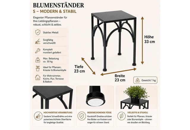 DanDiBo Blumenhocker Metall Schwarz Eckig 38 - 28 cm Beistelltisch 96449