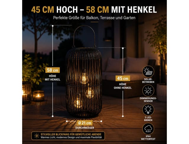 formano LED Laterne Solarlaterne Außen Garten Rattan Look Laterne 45 cm schwarz, LED fest integriert