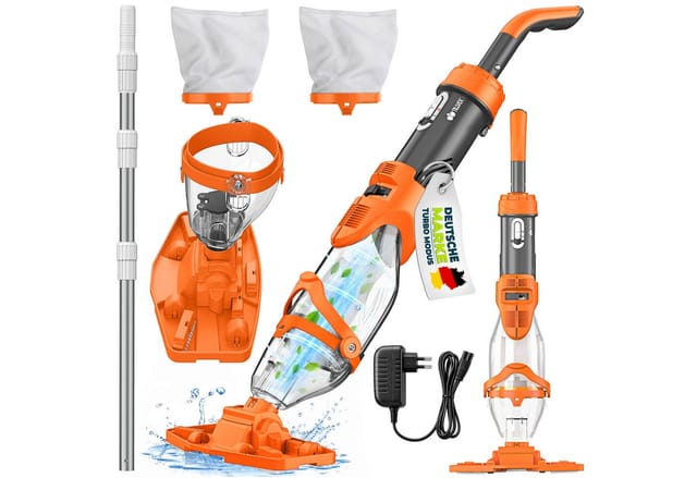 tillvex Poolbodensauger Poolsauger mit Akku & Teleskopstange + Ersatzfilter bis zu 15 m³, (Set, Pool Bodensauger elektrisch Poolreiniger mit Filter & 60 min Laufzeit), Handsauger Reinigungsset kabellos