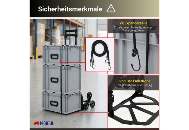 PROREGAL Klappbare Treppensackkarre ELEPHANT 110x45x48cm Traglast 70kg Aluminiumrahmen TRR Fachgummiräder Schwarz
