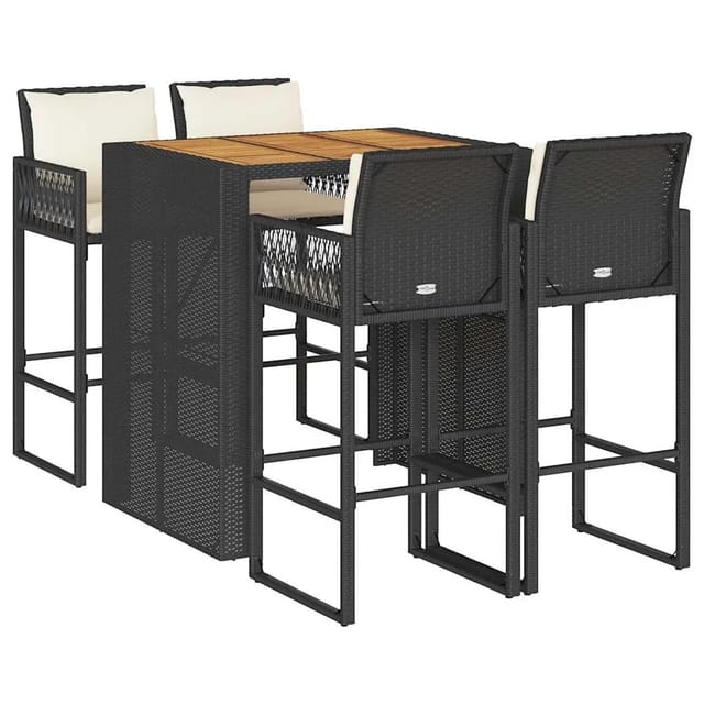 vidaXL 5-Tlg Gartenbar-Set mit Kissen Schwarz Poly Rattan Akazie 3328896