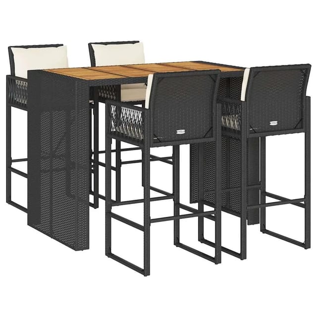 vidaXL 5-Tlg Gartenbar-Set mit Kissen Schwarz Poly Rattan Akazie 3328899