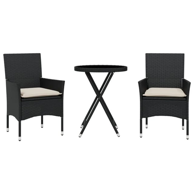 vidaXL 3-Tlg Bistro-Set mit Kissen Schwarz Poly Rattan und Glas 3278747