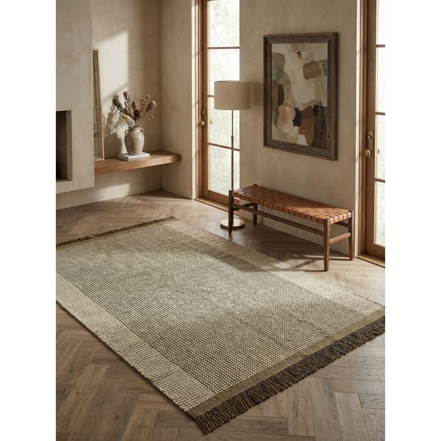 Wollteppich handgewebt mit Fransen PISA, geometrisch, Olivgrün, 160 x 230 cm