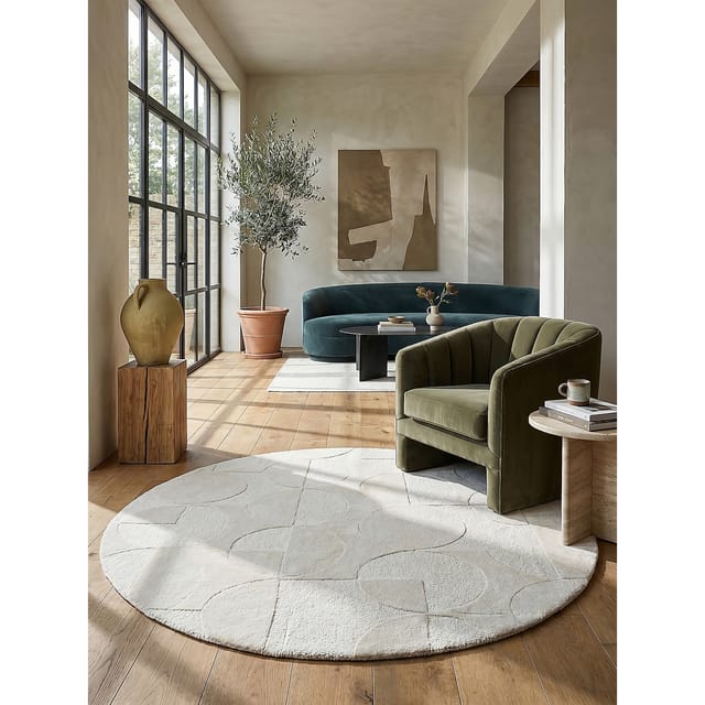 Wollteppich Kurzflor Elfenbein Ø160 cm - DEBEN Kadima Design