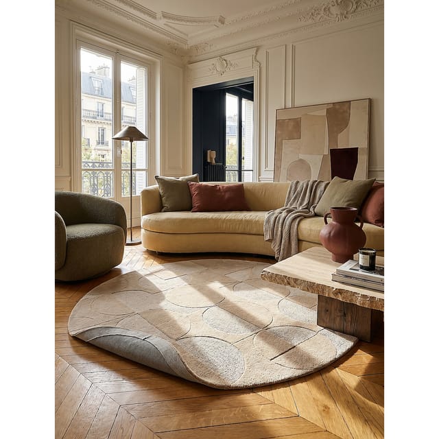 Wollteppich handgeschnitzt Natur Ø160 cm - DEBEN Kadima Design