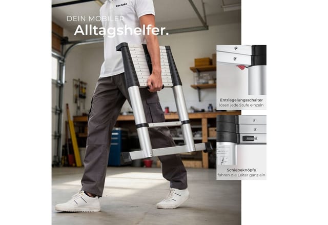 tectake® Teleskopleiter, Aluminium, 3,85 m, gummierte Anlegekanten, zuverlässige Arretierung und Soft Close