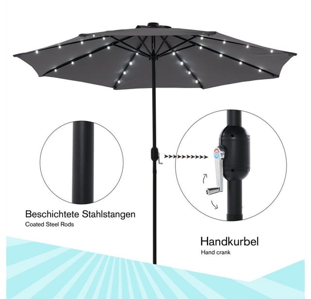 Feel2Home Sonnenschirm Sonnenschirm Marktschirm Ø3m LED Beleuchtung Strandschirm grau/beige, LxB: 300,00x300,00 cm, Stück, Premium-Sonnenschirm, LED-Beleuchtung
