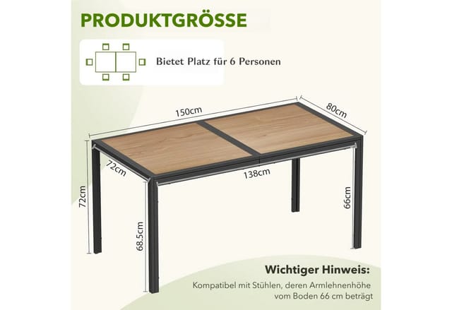 TLGREEN Gartentisch Groß, 150×80×72 cm DPC Balkontisch, (Rechteckiger Terrassentisch mit Metallgestell), Esstisch Outdoor für Garten, Balkon, Terrasse,Innenräume usw