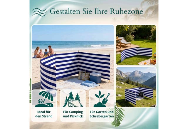 Lantigo Windschutz Sichtschutz Sonnenschutz Strandparavent aus Mikrofaser – portabel, (Klassische Streifen, Länge: 4 m), - Faltbarer Sonnenschutz für Strand, Camping & Garten
