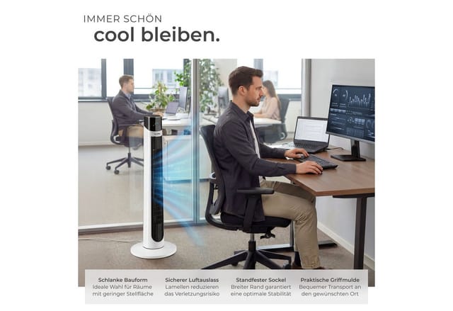 tectake Turmventilator Standventilator mit Touchpanel und LED-Display, Inkl. Fernbedienung, 3 Modi und 3 Geschwindigkeitsstufen