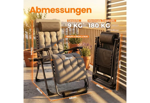 HOMECALL Gartenliege Sonnenliege Klappbar, Liegestuhl mit Weiches Kissen XXL Extra breiter Zero Gravity Stuhl, 1 St., bis 180 KG, für Garten Terrasse Balkon(Schwarz 2ST)