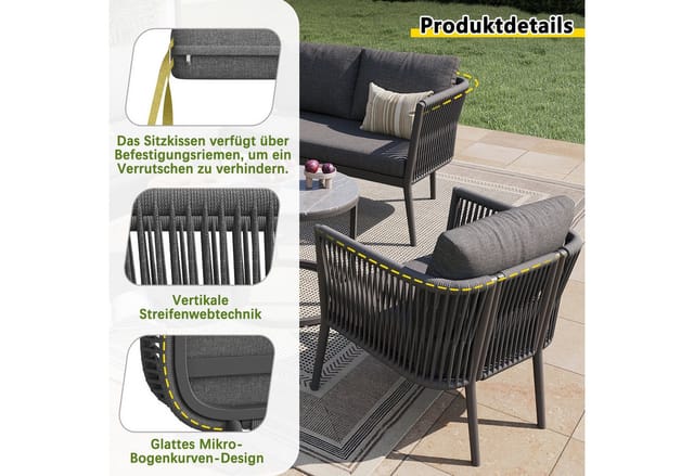 Merax Gartenlounge-Set Seil Balkonset, (6-tlg., Modulares Sofa Set aus Seil & Eisen, für Terrasse & Balkon), 6-Sitzer Gartenmöbel mit 2 Couchtische, Sitzbank, Sofa, Sessel, Hocker