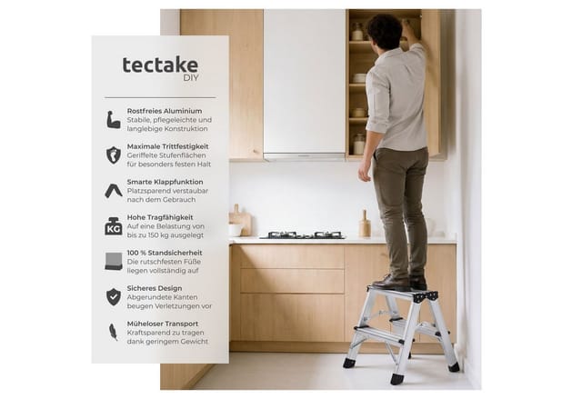 tectake® Doppelseitige Trittleiter, 2 Stufen, Aluminium, geriffelte Trittfläche, Belastbarkeit 150 kg