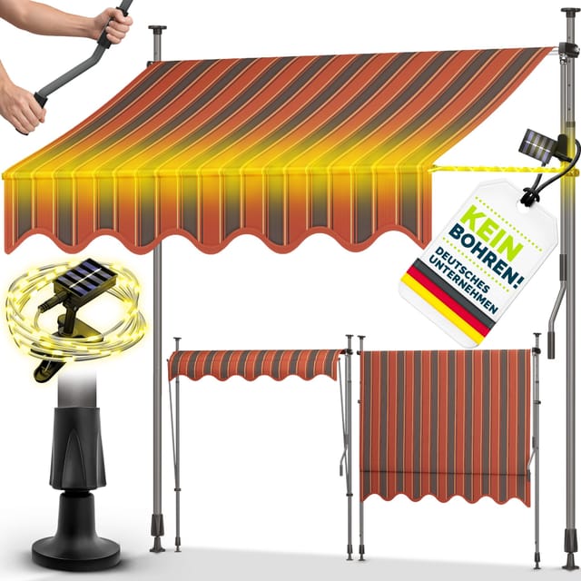 Tillvex Klemmmarkise 400 Cm Orange/anthrazit Mit Solar Led Mit Handkurbel Balkon Balkonmarkise Ohne Bohren Markise Uv-beständig & Höhenverstellbar Sonnenschutz Wasserdicht