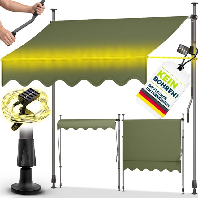 Tillvex Klemmmarkise 400 Cm Armeegrün Mit Solar Led Mit Handkurbel Balkon Balkonmarkise Ohne Bohren Markise Uv-beständig & Höhenverstellbar Sonnenschutz Wasserdicht