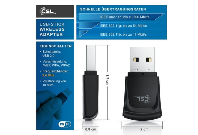 Csl Wlan 300 Mbit/s Usb Stick Adapter - Wifi Adapter - Verschlüsselung Wep Wpa Wpa2 - 2,4 Ghz 2t2r - Verstärkung 18 Dbm - Für Windows 7 - 11
