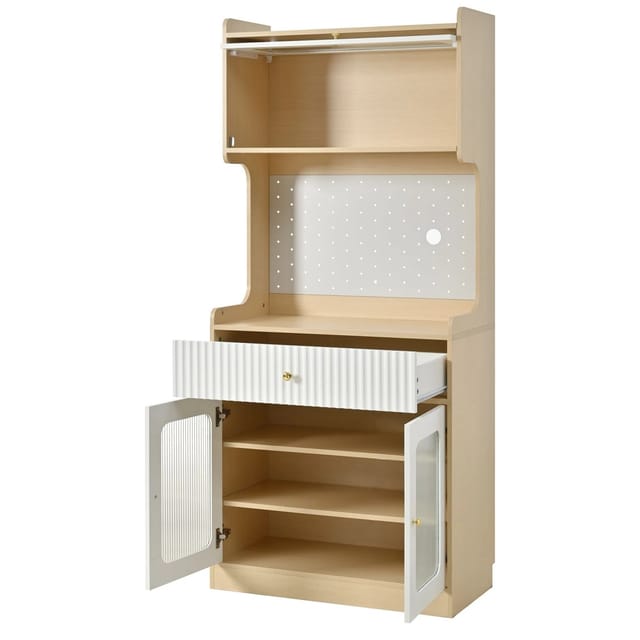Hochsideboard Mit Led, Verstellbaren Einlegeböden Und Schublade, Natur Und Weiß, 80x40x180 Cm