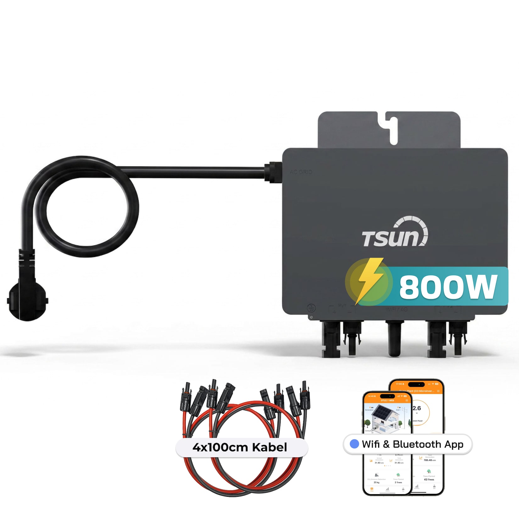 TSUN TSOL-MX800Lite 800 W Mikro-Wechselrichter, 2 MPPT, WiFi & Bluetooth, IP67, Micro Inverter für 2 Solarmodule inklusive 5m Anschlusskabel und 4x1m Solarkabel