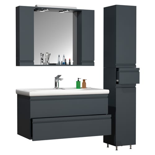 VCM 4-tlg. Waschplatz Waschtisch 100 cm Badmöbel Set Waschbecken grifflose Schublade Spiegelschrank Hochschrank Silora XL