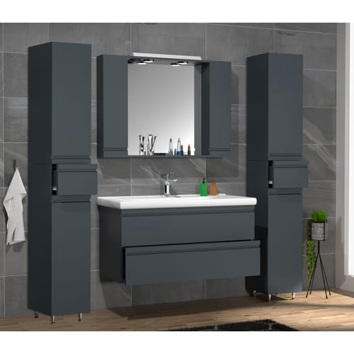 VCM 5-tlg. Waschplatz Waschtisch Unterschrank 100 cm Badmöbel Set mit Waschbecken Spiegelschrank Hochschrank grifflose Schubladen Komplettset Silora XL