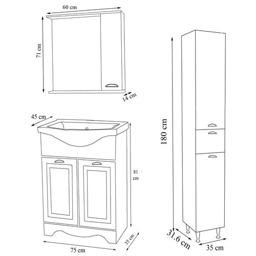 VCM 4-tlg. Waschplatz Waschtisch Breite 60 cm Badmöbel Set Waschbecken Spiegelschrank Hochschrank Schublade Landhaus Casalo L