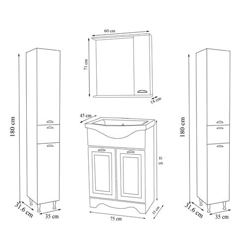 VCM 5-tlg. Waschplatz Waschtisch Breite 60 cm Badmöbel Set Waschbecken Spiegelschrank Hochschrank Landhaus Casalo L