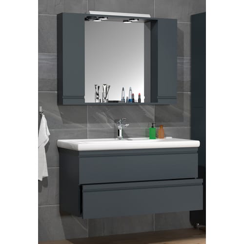 VCM 3-tlg. Waschplatz Waschtisch Unterschrank 100 cm Badmöbel Set mit Waschbecken grifflose Schubladen Spiegelschrank Komplett Silora XL
