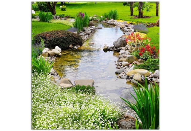 Wallario Sichtschutzzaunmatten Blumen am Teich