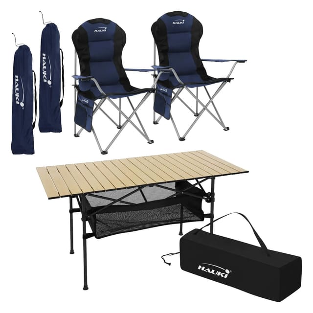 Hauki Campingmöbel Set 3 Teilig Tisch Faltbar Beige mit 2 Stühle Blau
