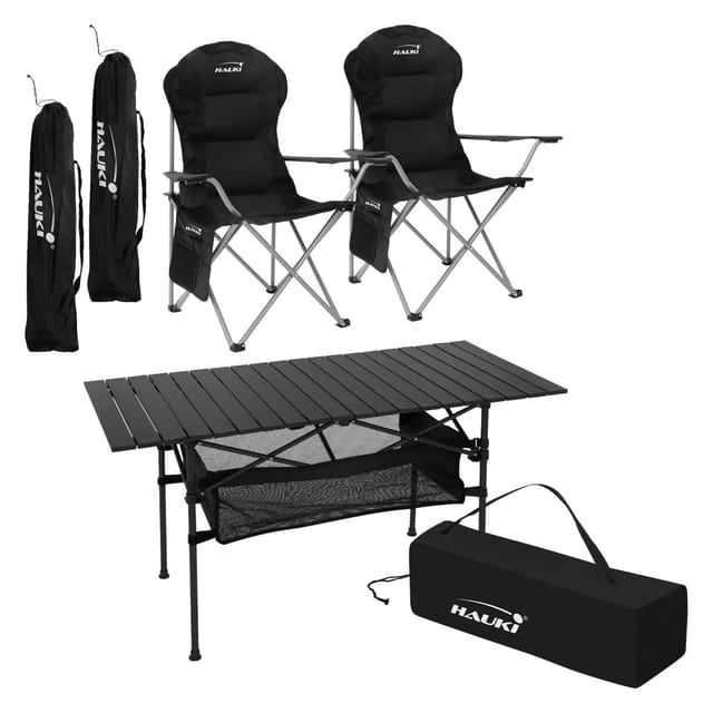 Hauki Campingmöbel Set 3 Teile Tisch Faltbar mit 2 Stühle Schwarz