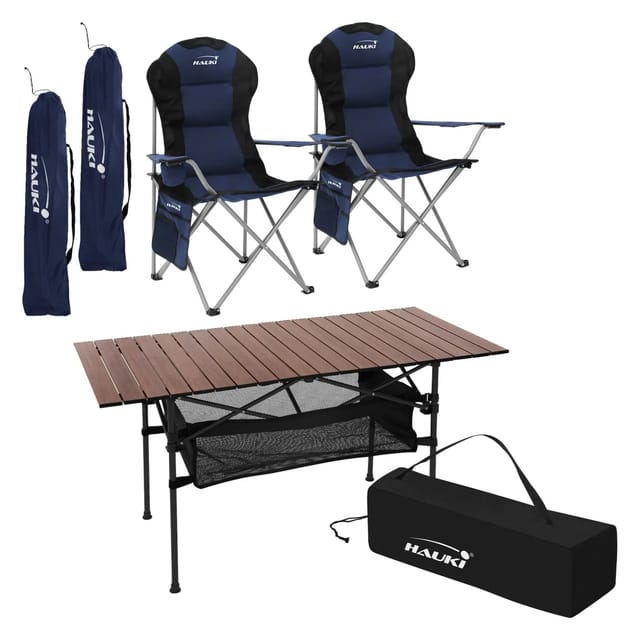 Hauki Campingmöbel Set 3 Teilig Tisch Faltbar Braun mit 2 Stühle Blau