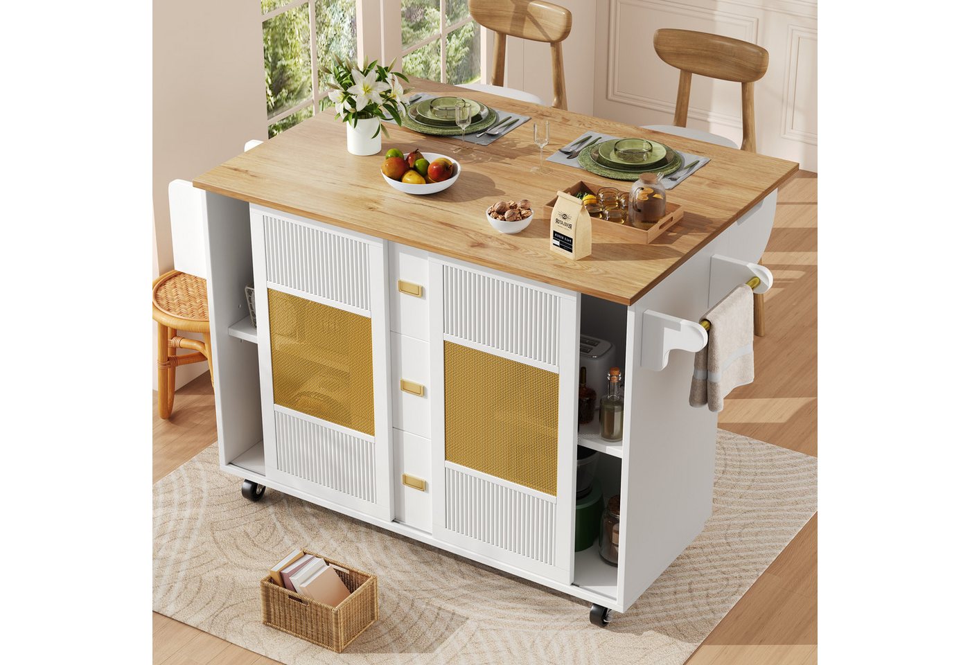 Flieks Küchenwagen mit erweiterbarer Arbeitsplatte, Rollen und Rattan-Schiebetüren, (1 St), Servierwagen mit Schubladen Kücheninsel Buffetschrank Rollwagen weiß Bild 2